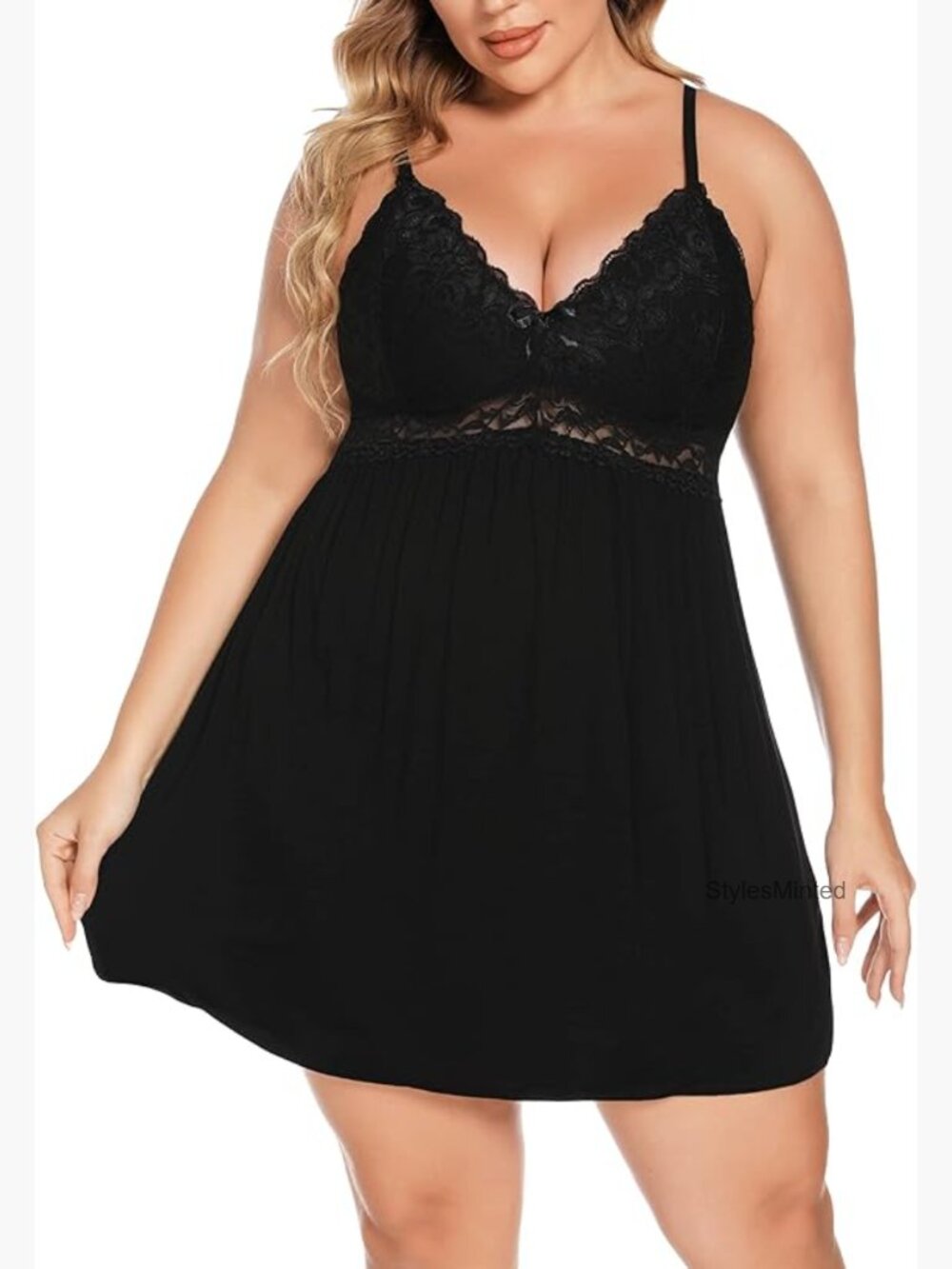 Plus Size Lace Modal Chemise Nightgown V-Neck Full Slip Babydoll Sleepwear